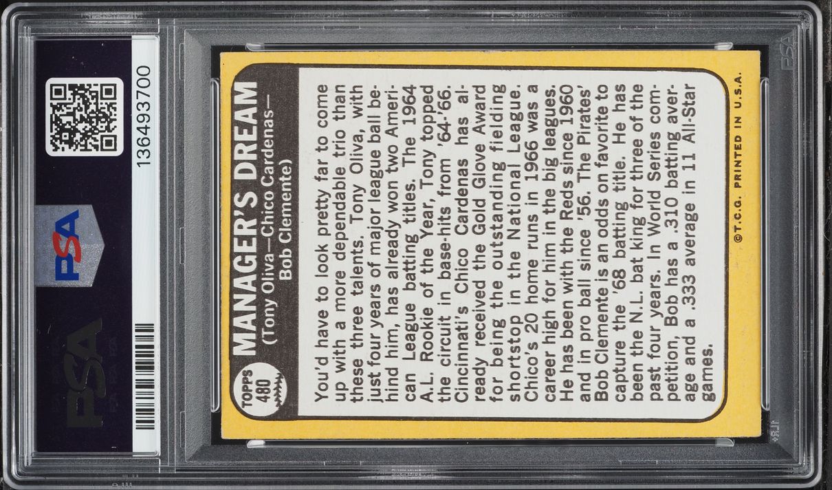 1968 Topps Roberto Clemente Tony Oliva Chico Cardenas MANAGER'S DREAM #480 PSA 5 EX
