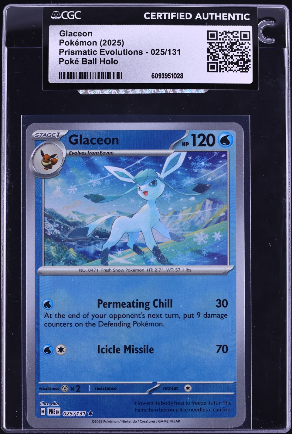 2025 Pokemon Scarlet & Violet Prismatic Evolutions Poke Ball Holo Glaceon #25 CGC AUTH