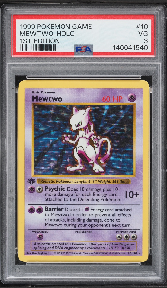 1999 Pokemon Base Set Shadowless 1st Edition Holo Mewtwo #10 PSA 3 VG