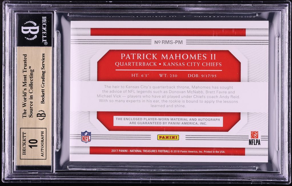 2017 National Treasures Green Numbers Patrick Mahomes II ROOKIE PATCH AUTO /15 #7 BGS 9.5 GEM