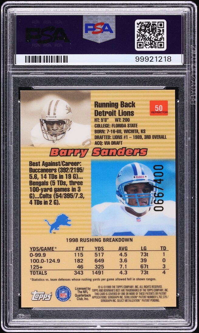 1999 Bowman's Best Refractor Barry Sanders /400 #50 PSA 9 MINT - Photo 2