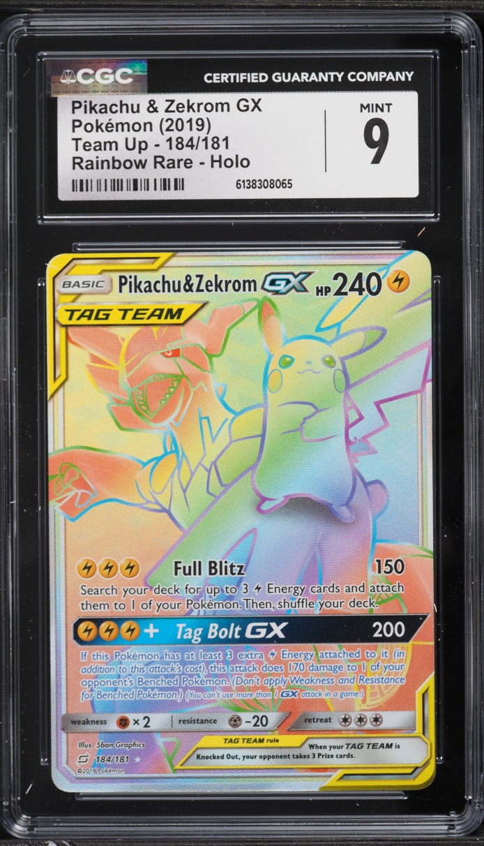 2019 Pokemon Sun & Moon Team Up Rainbow Rare Pikachu & Zekrom GX #184 CGC 9 MINT
