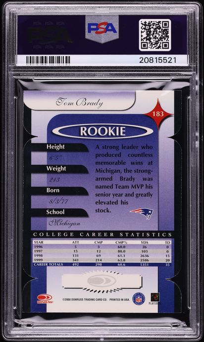 2000 Donruss Elite Aspirations Tom Brady ROOKIE /90 #183 PSA 10 GEM MINT - Photo 2