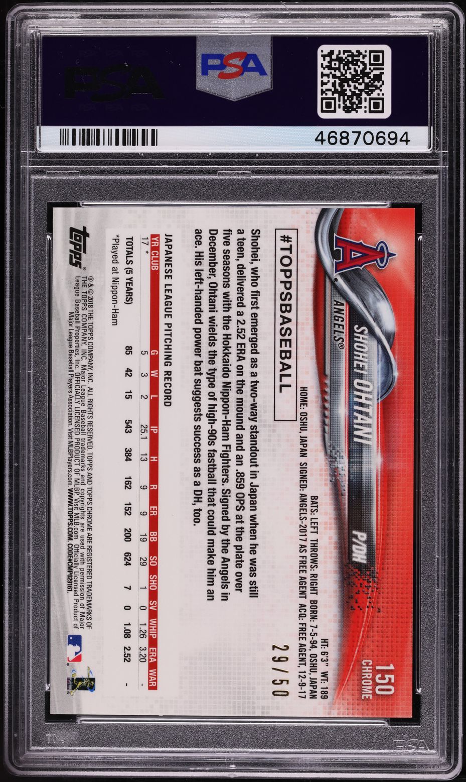 2018 Topps Chrome Gold Wave Refractor Shohei Ohtani ROOKIE /50 #150 PSA 10 GEM