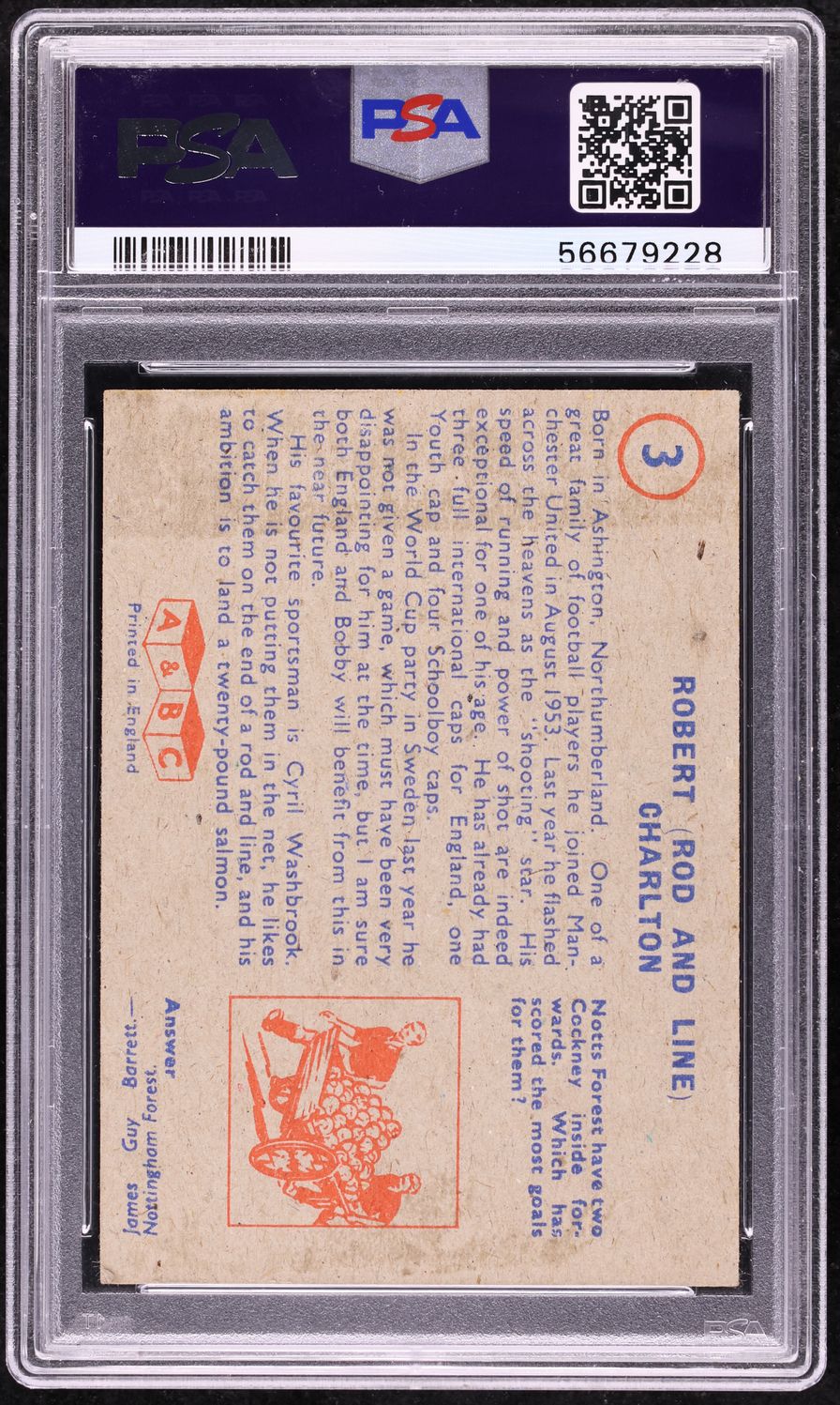 1958 A&BC Footballers Soccer Bobby Charlton ROOKIE, BLUE & RED BACK #3 PSA 3.5