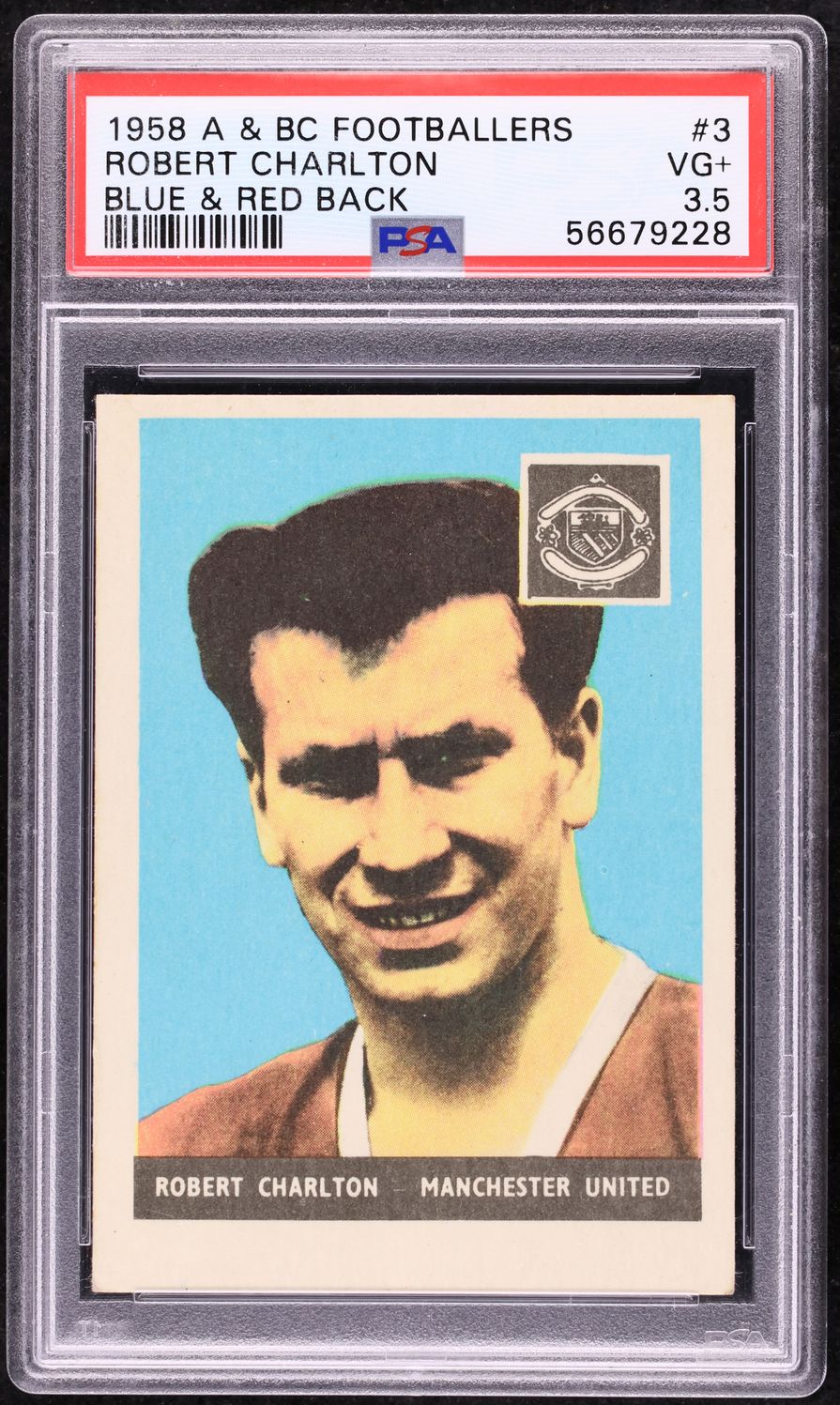1958 A&BC Footballers Soccer Bobby Charlton ROOKIE, BLUE & RED BACK #3 PSA 3.5