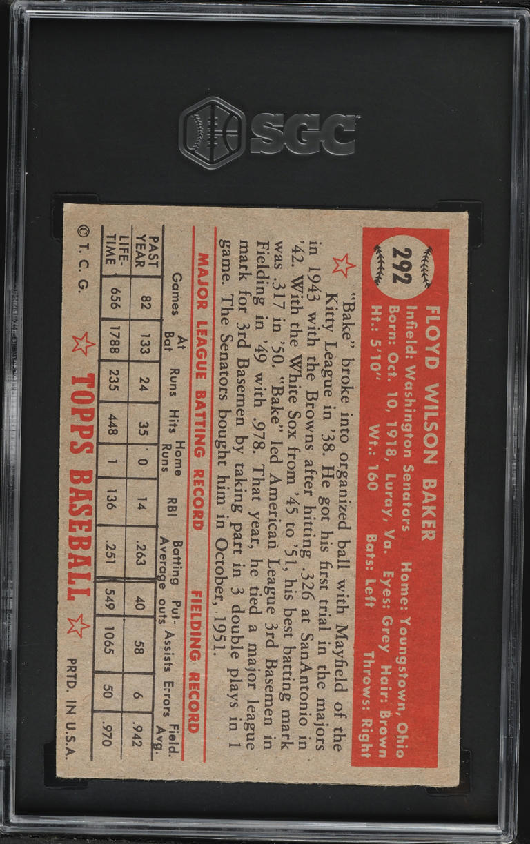 1952 Topps Floyd Baker #292 SGC 3 VG