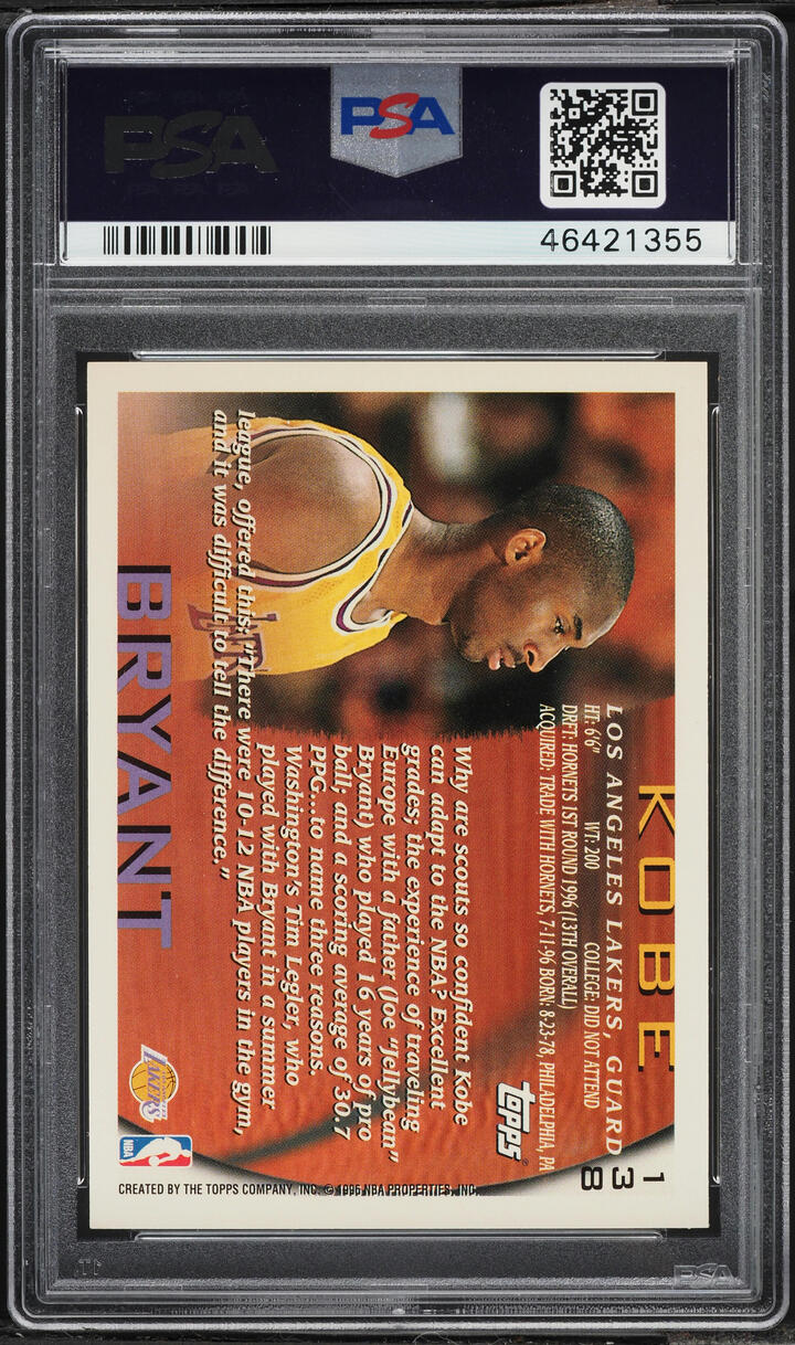 1996 Topps Basketball Kobe Bryant ROOKIE #138 PSA 8 NM-MT