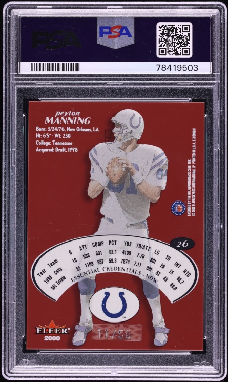 2000 Fleer E-X Essential Credentials Now Peyton Manning /50 #26 PSA 9 MINT - Photo 2