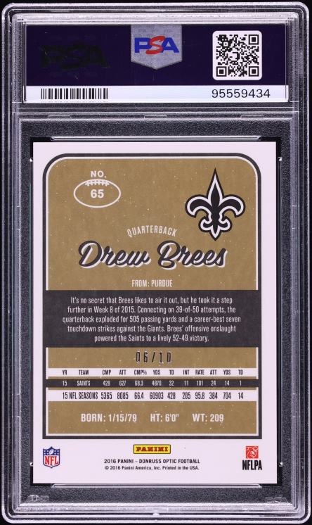 2016 Donruss Optic Gold Drew Brees /10 #65 PSA 9 MINT - Photo 2