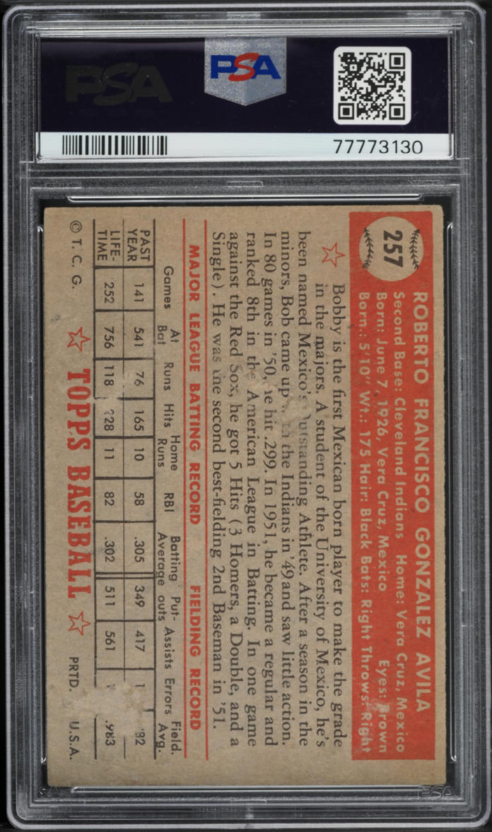 1952 Topps Bobby Avila #257 PSA 2 GD