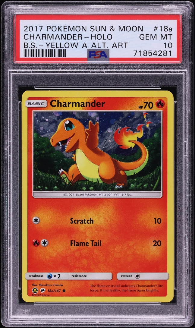 2017 Pokemon Sun & Moon Burning Shadows Yellow A Alt Art Holo Charmander #18a PSA 10 GEM MINT