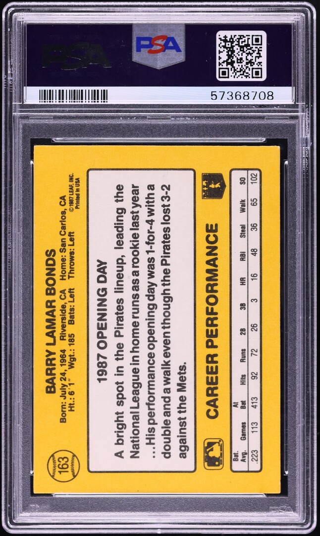 1987 Donruss Opening Day Johnny Ray Barry Bonds ROOKIE, DARK JERSEY #163 PSA 8 NM-MT