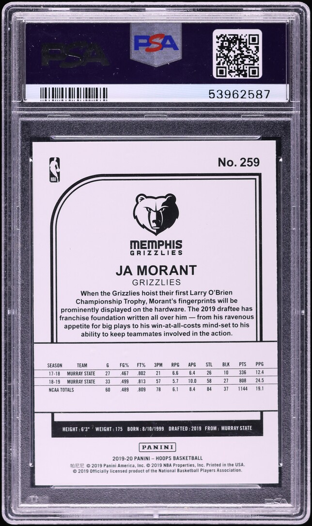 2019 Hoops Purple Ja Morant ROOKIE #259 PSA 10 GEM MINT