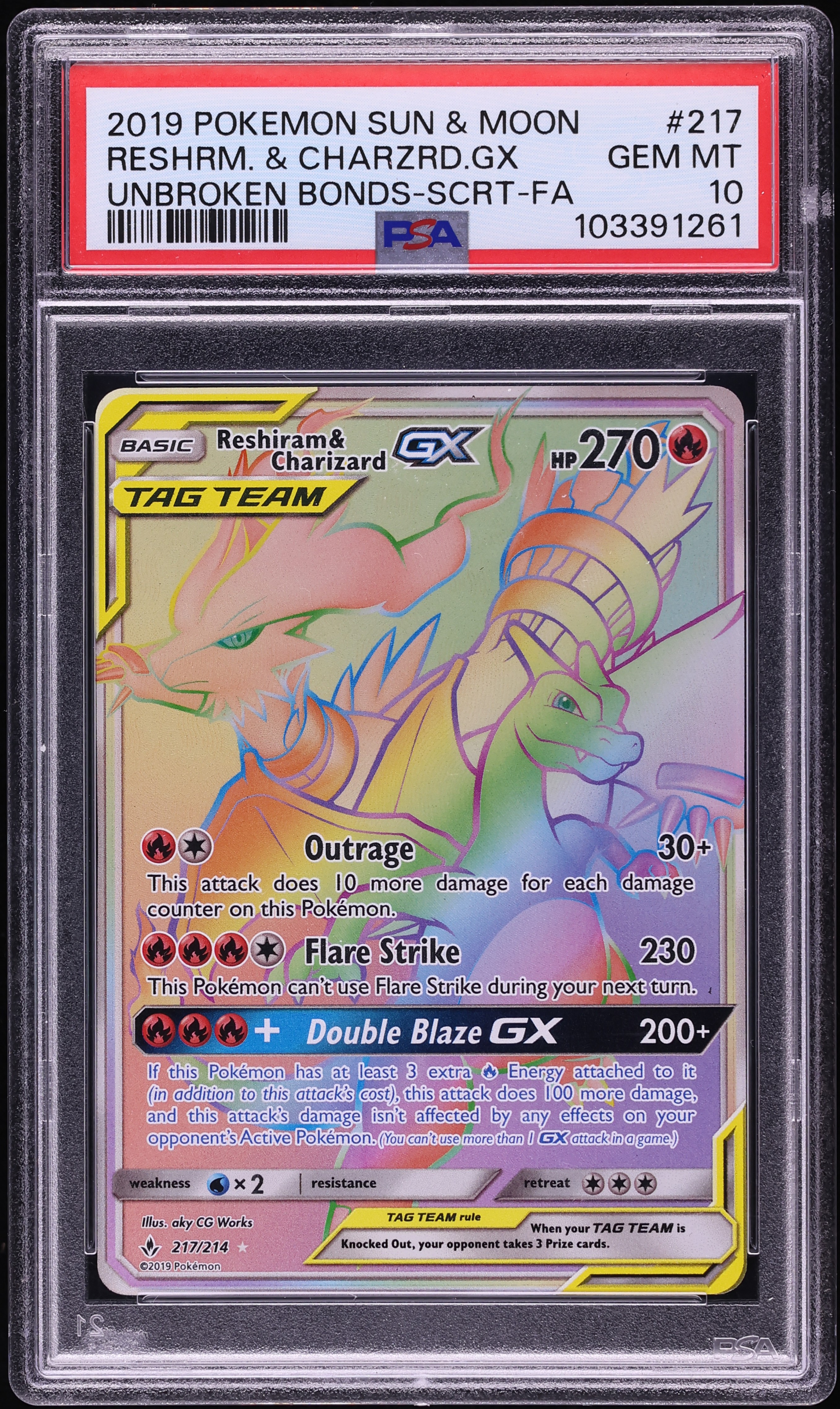 2019 Pokemon Sun & Moon Unbroken Bonds Rainbow Rare Reshiram Charizard GX #217 PSA 10 GEM MINT