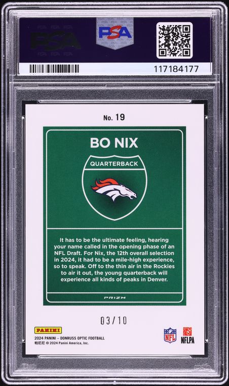 2024 Donruss Optic Downtown Gold Bo Nix ROOKIE /10 #19 PSA 9 MINT