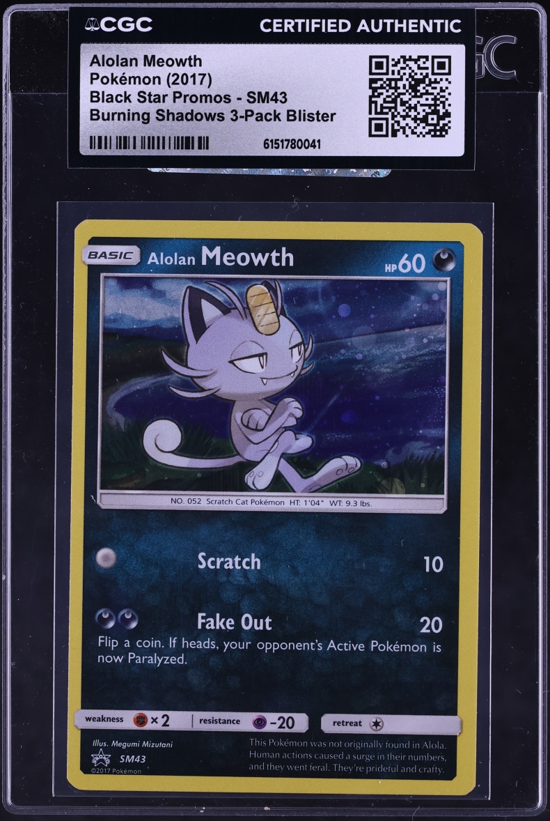 2017 Pokemon SM Black Star Promos Burning Shadows 3-Pack Blister Alolan Meowth #SM43 CGC AUTH