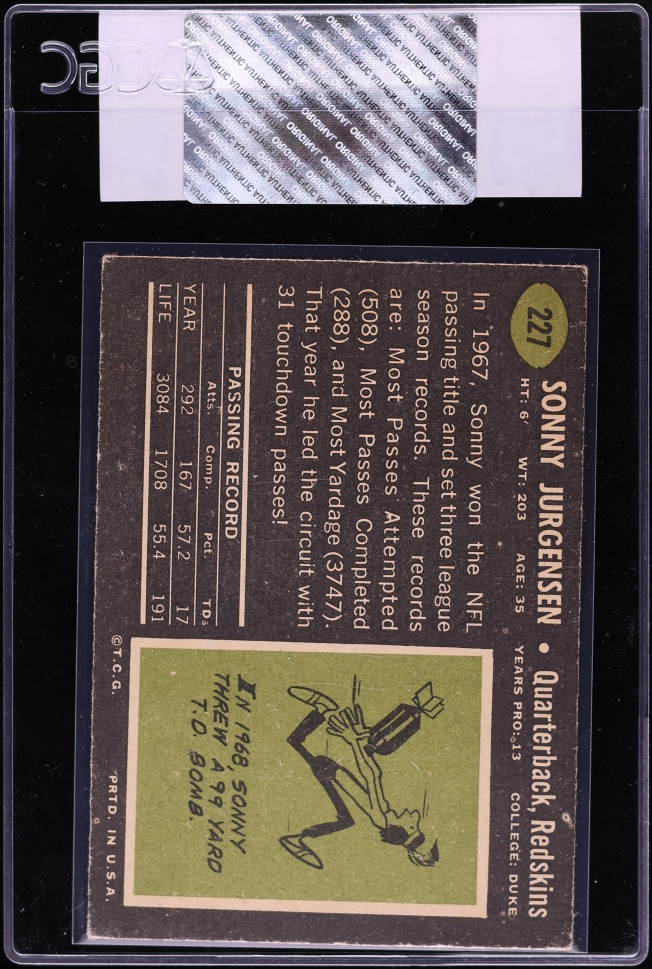 1969 Topps Football Sonny Jurgensen #227 CGC AUTH
