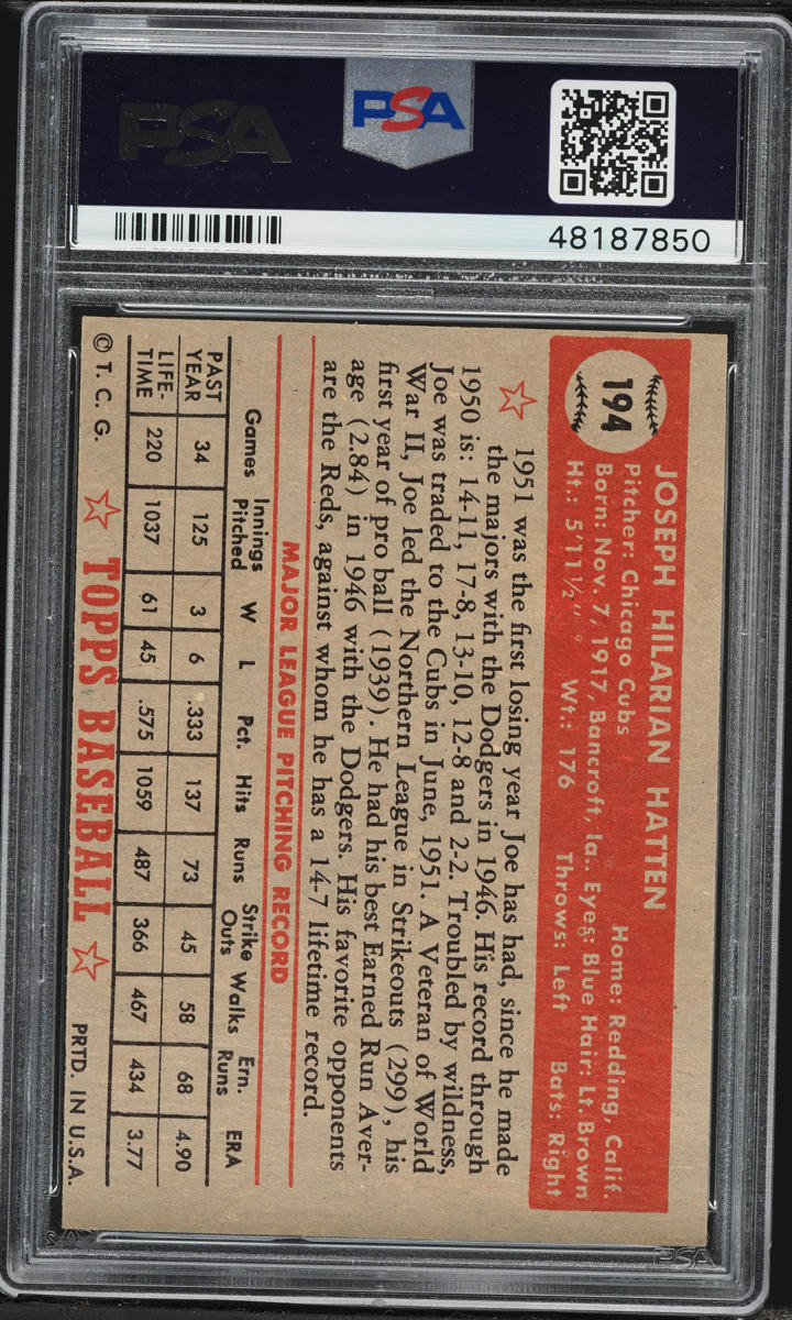 1952 Topps Joe Hatten #194 PSA 7 NRMT