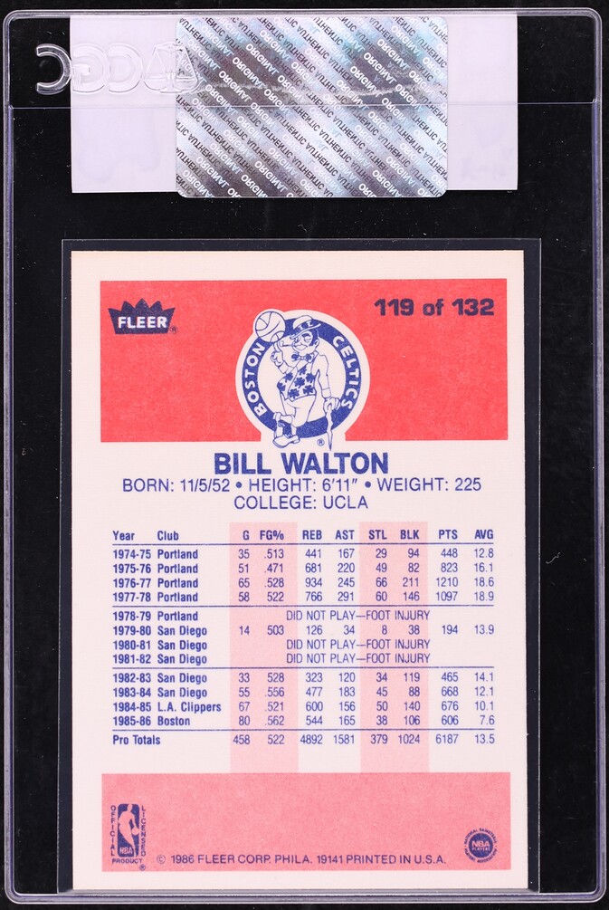 1986 Fleer Basketball Bill Walton #119 CGC AUTH