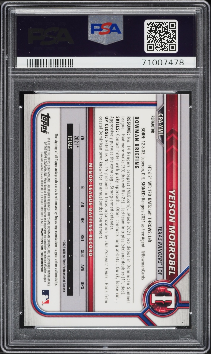 2022 Bowman Chrome Refractor Yeison Morrobel PROSPECT AUTO /499 #CPA-YML PSA 10 GEM MINT