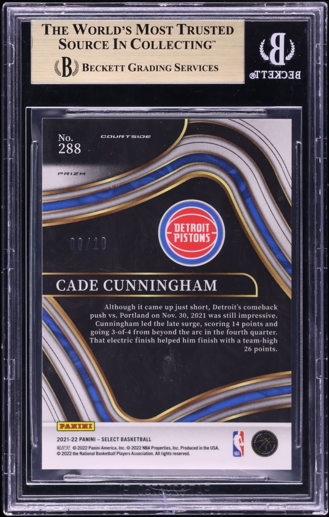 2021 Select Courtside Prizm Gold Cade Cunningham ROOKIE /10 #288 BGS 9.5 GEM MINT - Photo 2