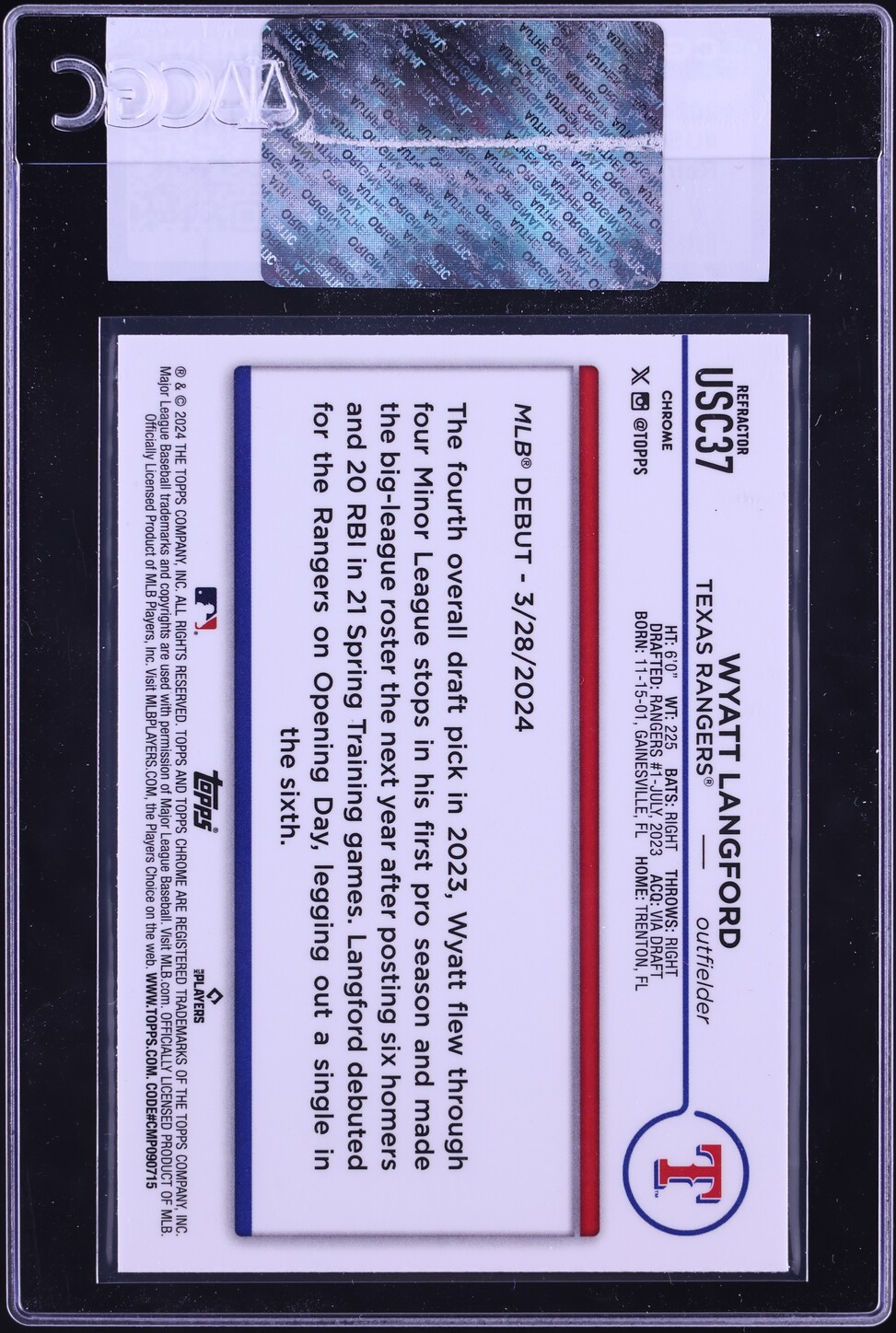 2024 Topps Chrome Update Refractor Wyatt Langford ROOKIE #USC37 CGC AUTH