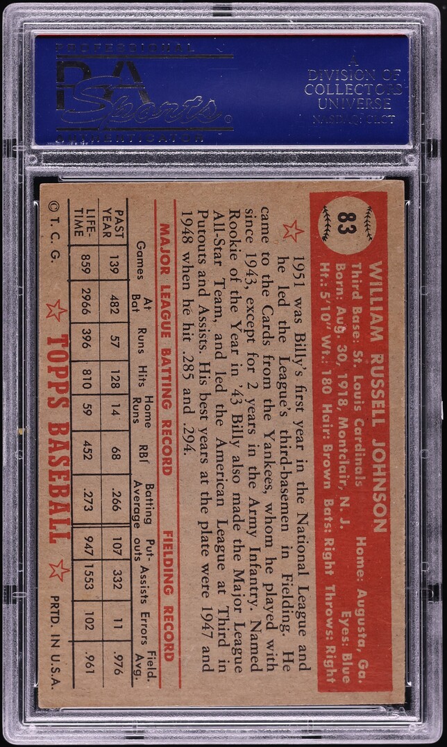 1952 Topps Billy Johnson #83 PSA 4 VGEX