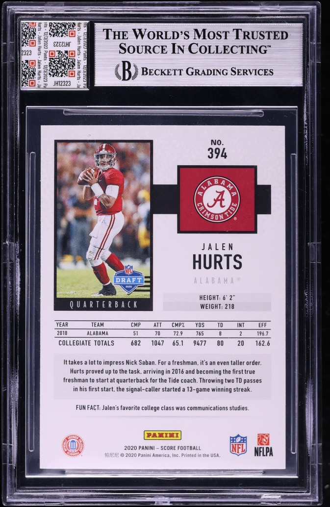 2020 Score Jalen Hurts ROOKIE PATCH #394 BGS 9 MINT