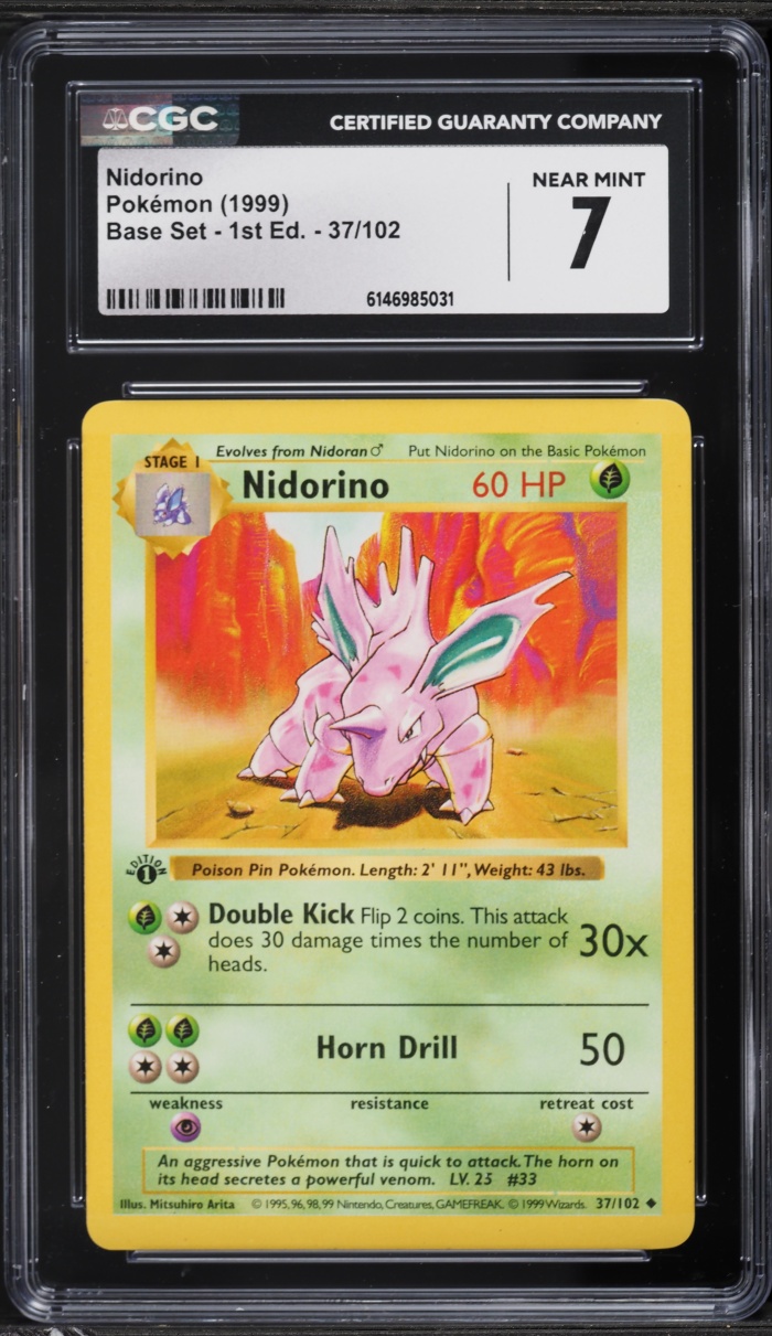 1999 Pokemon Base Set Shadowless 1st Edition Nidorino #37 CGC 7 NRMT