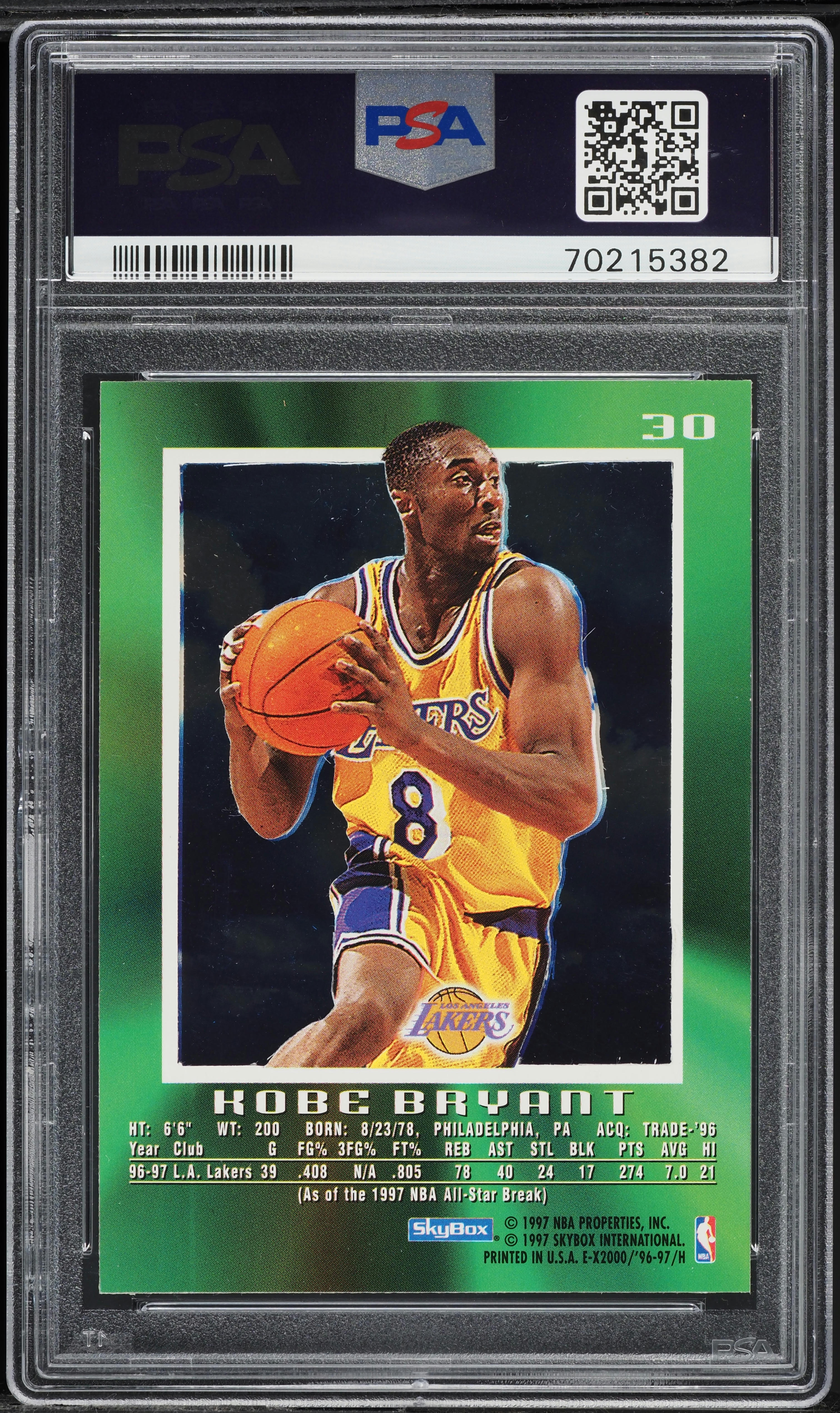 1996 Skybox E-X2000 Kobe Bryant ROOKIE #30 PSA 8 NM-MT on Fanatics