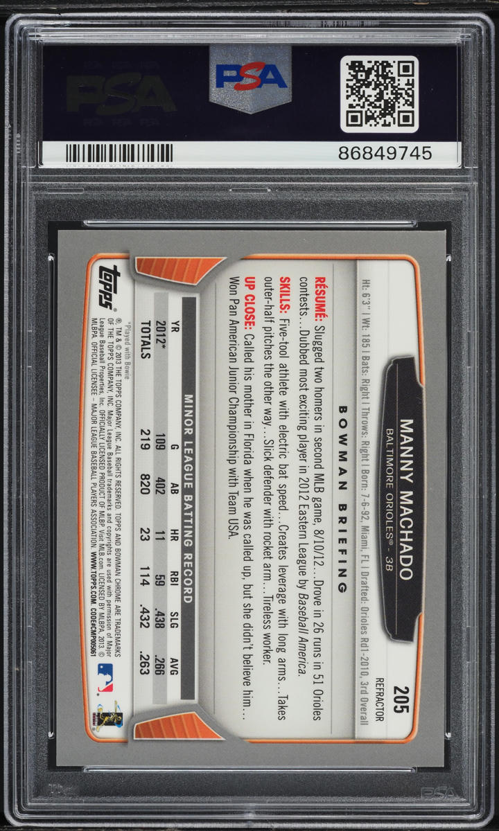 2013 Bowman Chrome Green Refractor Manny Machado ROOKIE #205 PSA 10 GEM MINT