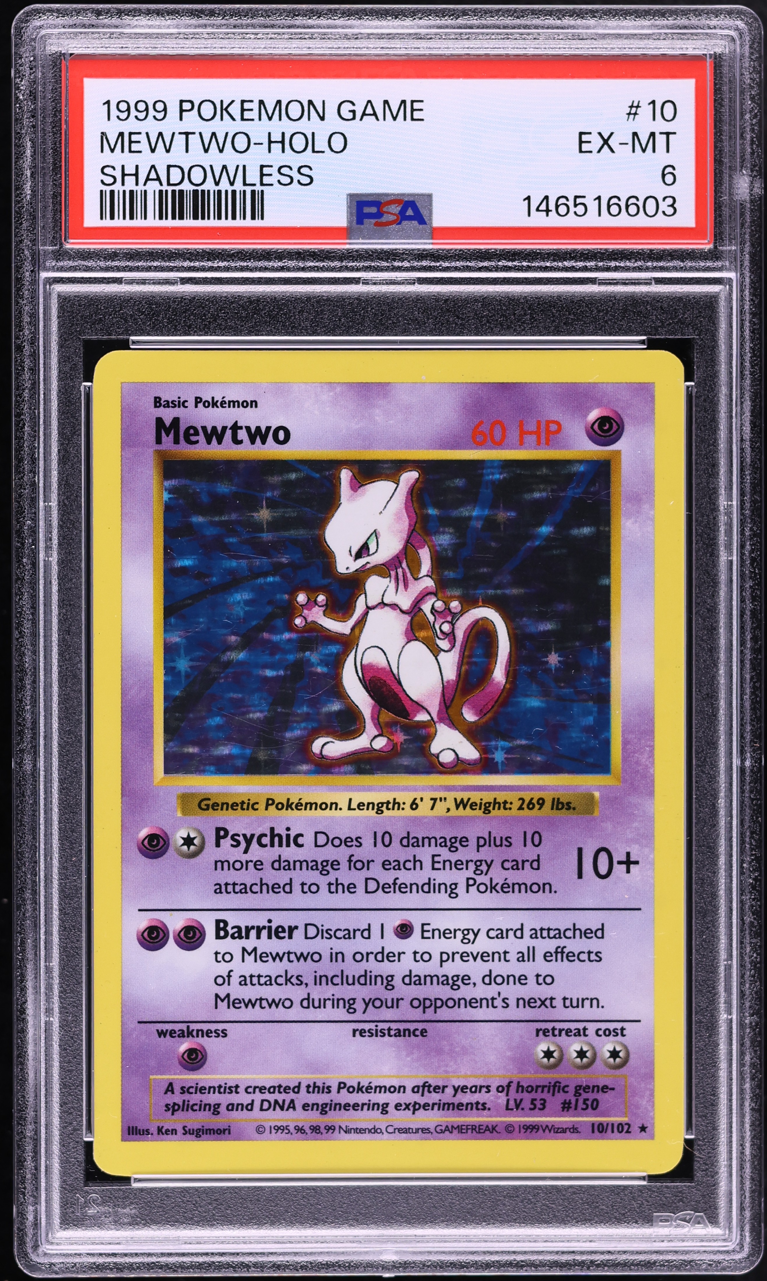 1999 Pokemon Base Set Shadowless Holo Mewtwo #10 PSA 6 EXMT