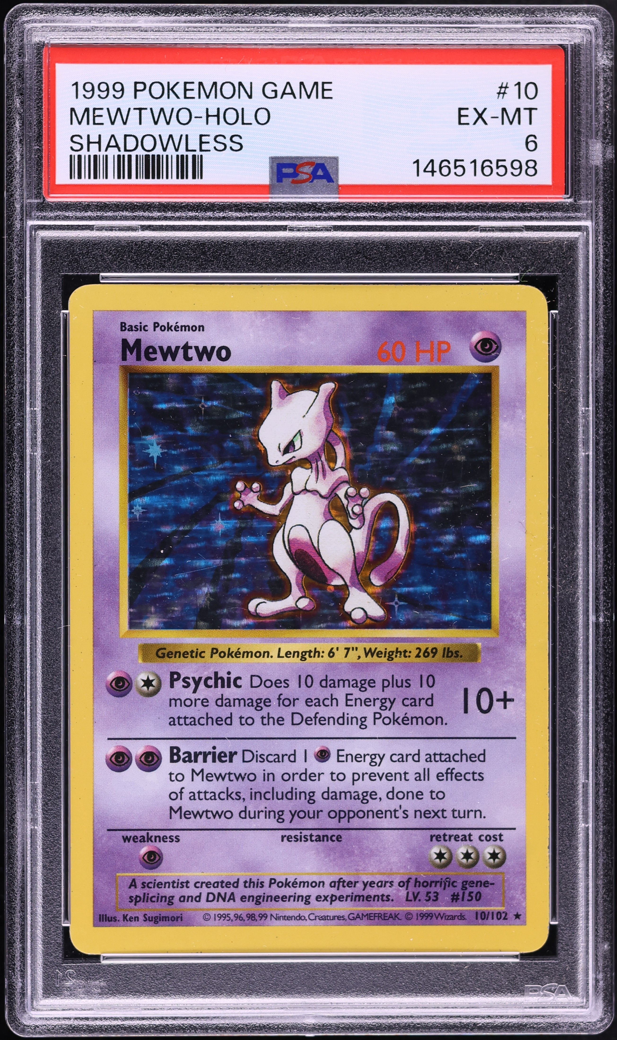 1999 Pokemon Base Set Shadowless Holo Mewtwo #10 PSA 6 EXMT
