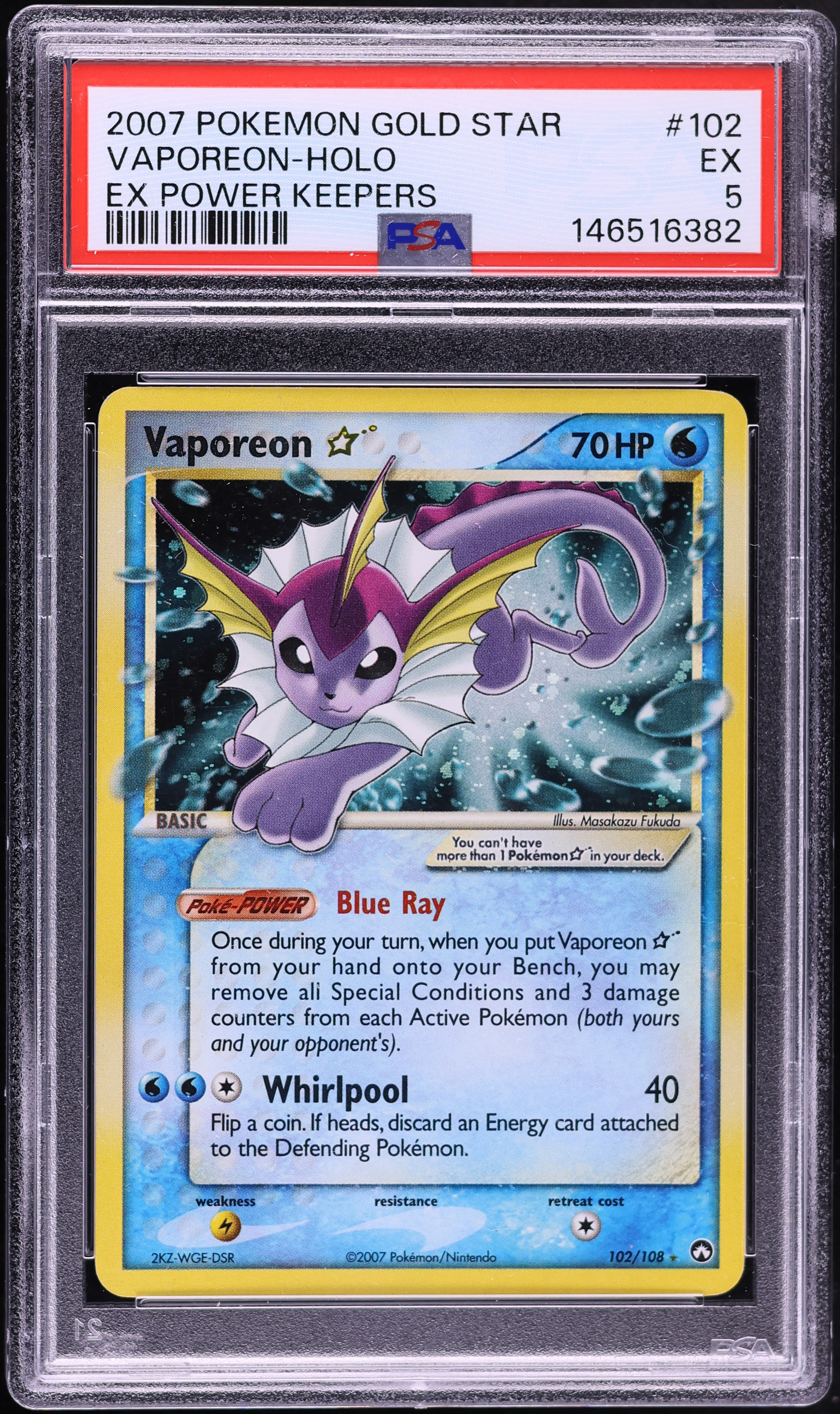 2007 Pokemon EX Power Keepers Holo Vaporeon Gold Star #102 PSA 5 EX