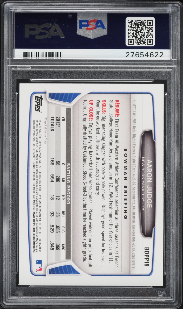 2013 Bowman Draft Picks Aaron Judge PROSPECT #BDPP19 PSA 10 GEM MINT