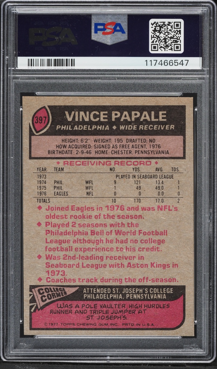 1977 Topps Football Vince Papale ROOKIE #397 PSA 8 NM-MT