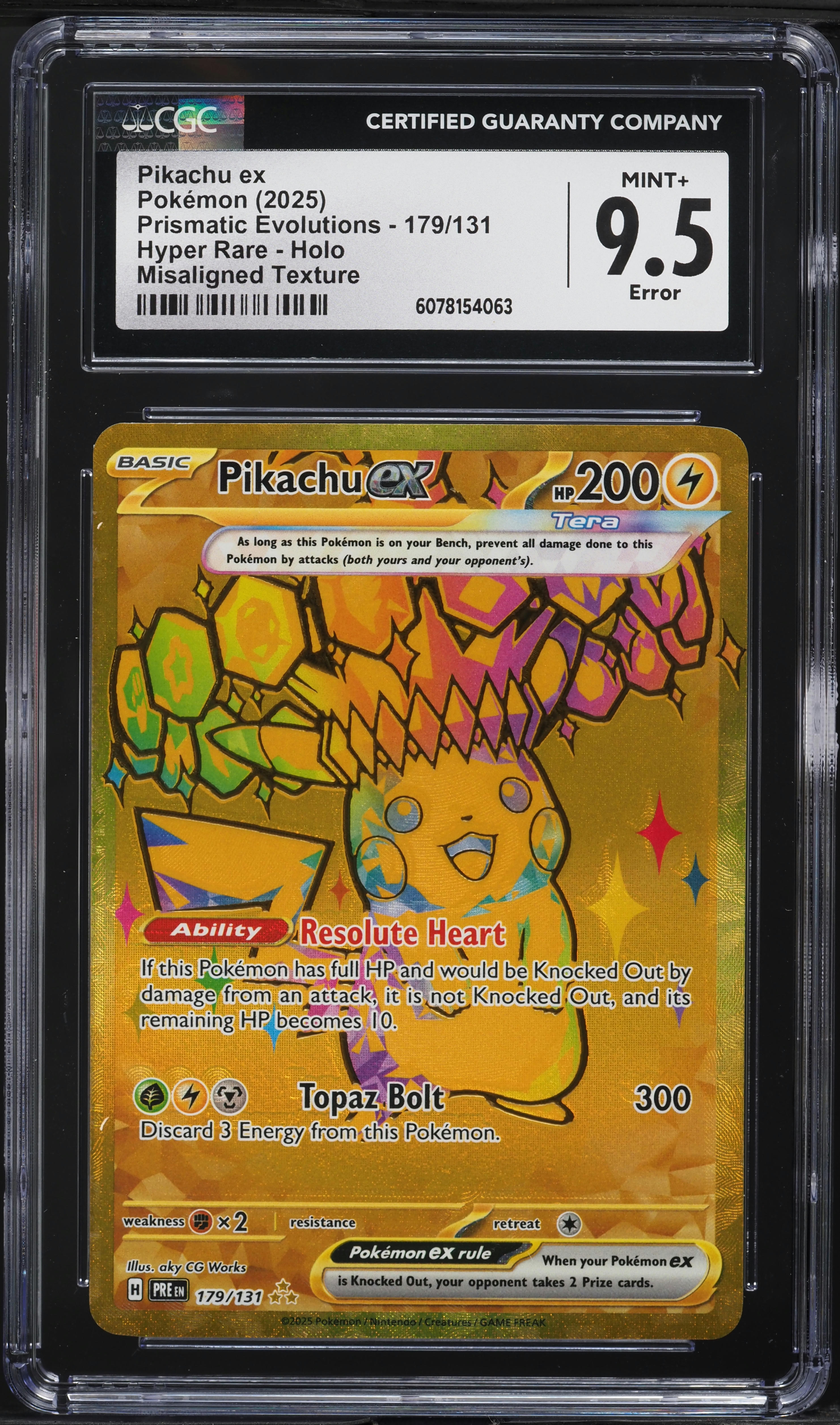 2025 Pokemon SV Prismatic Evolutions Gold Rare Misaligned Texture Error Pikachu ex #179 CGC 9.5