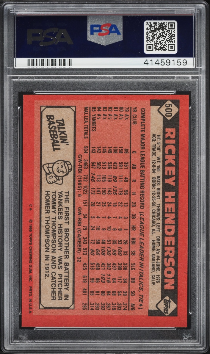 1986 Topps Rickey Henderson #500 PSA 9 MINT