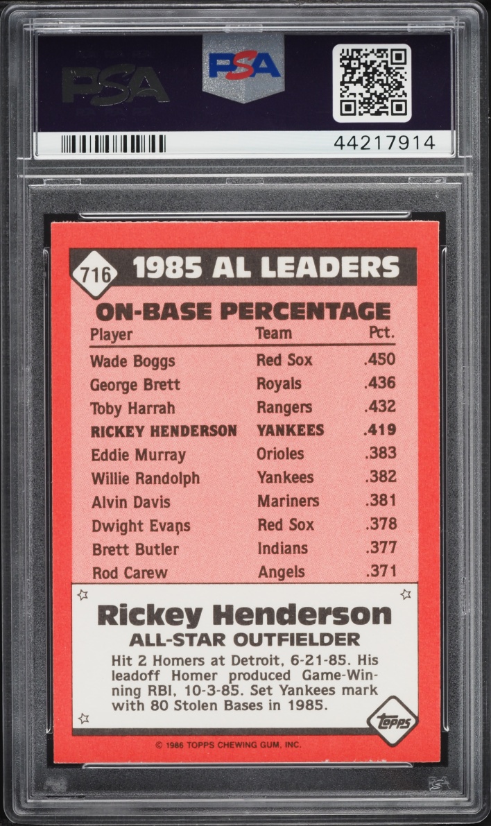 1986 Topps Tiffany Rickey Henderson ALL-STAR #716 PSA 9 MINT