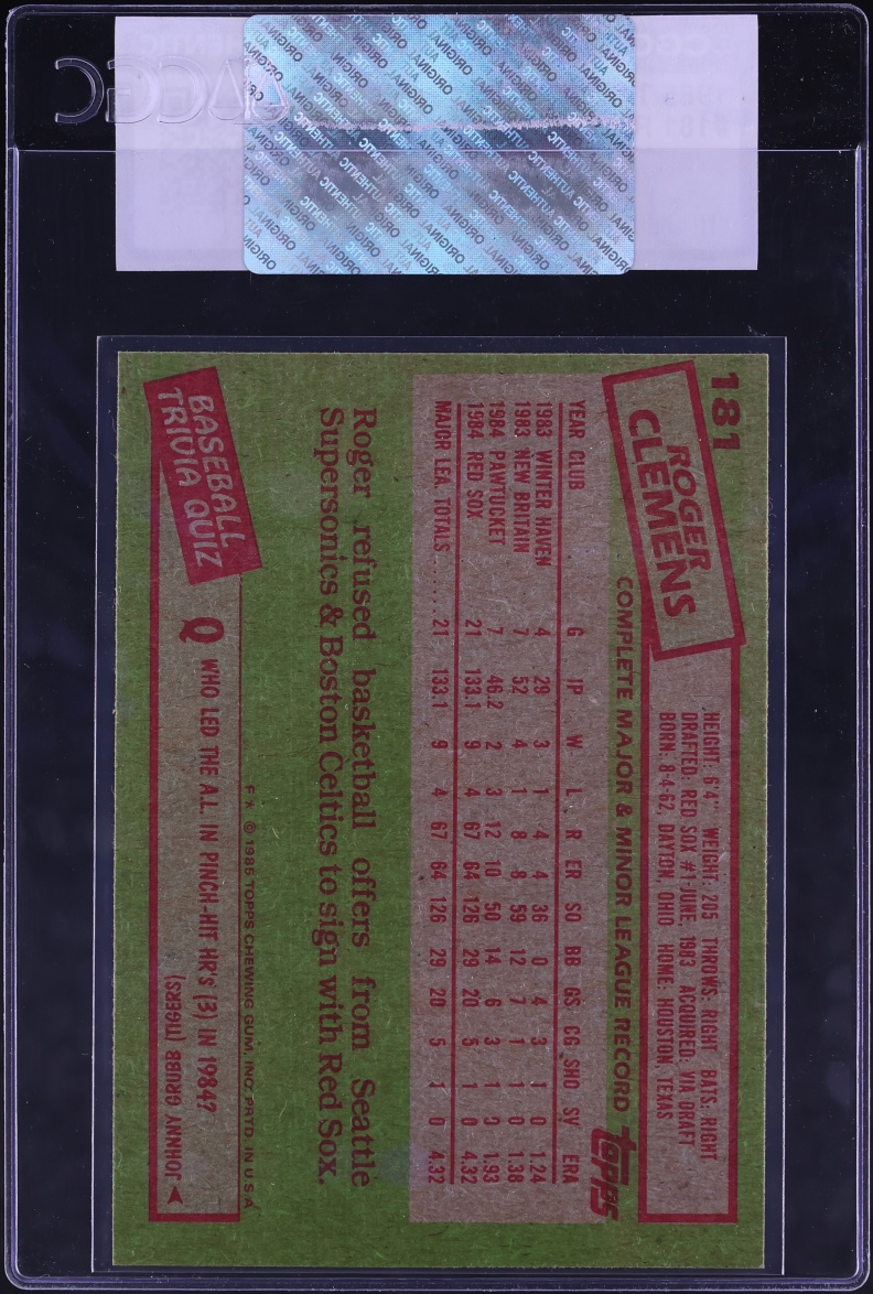 1985 Topps Roger Clemens ROOKIE #181 CGC AUTH