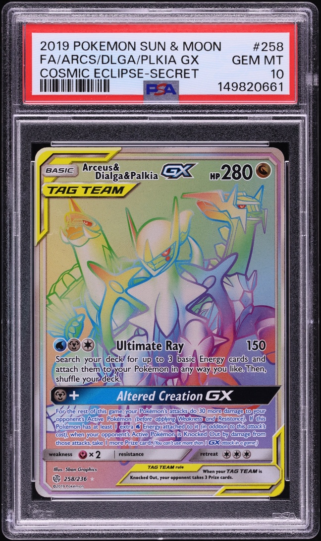 2019 Pokemon Sun & Moon Cosmic Eclipse Rainbow Rare Arceus & Dialga & Palkia GX #258 PSA 10 GEM