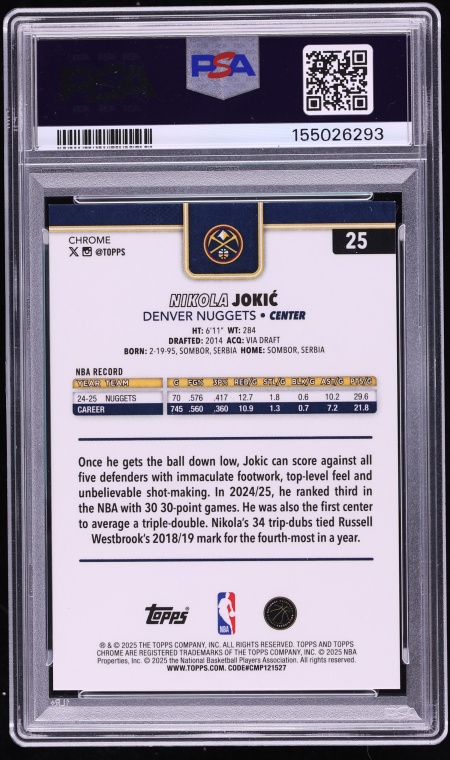 2025 Topps Chrome Black Refractor Nikola Jokic /10 #25 PSA 10 GEM MINT - Photo 2