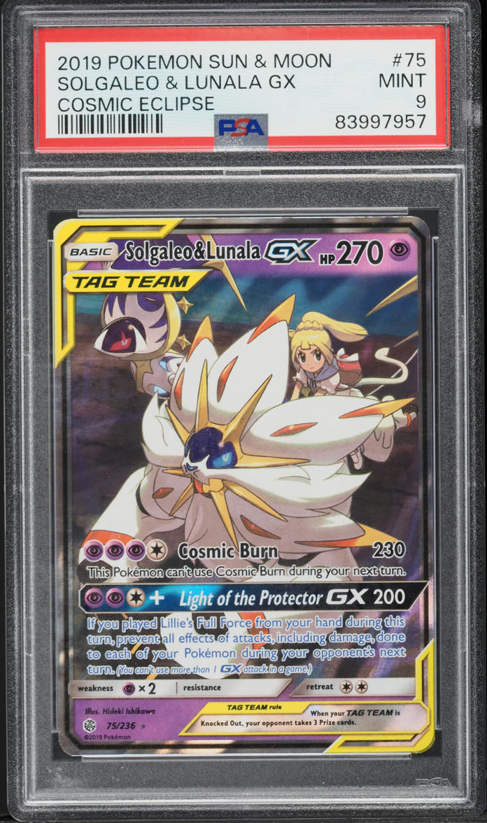 2019 Pokemon Sun & Moon Cosmic Eclipse Solgaleo & Lunala GX #75 PSA 9 MINT