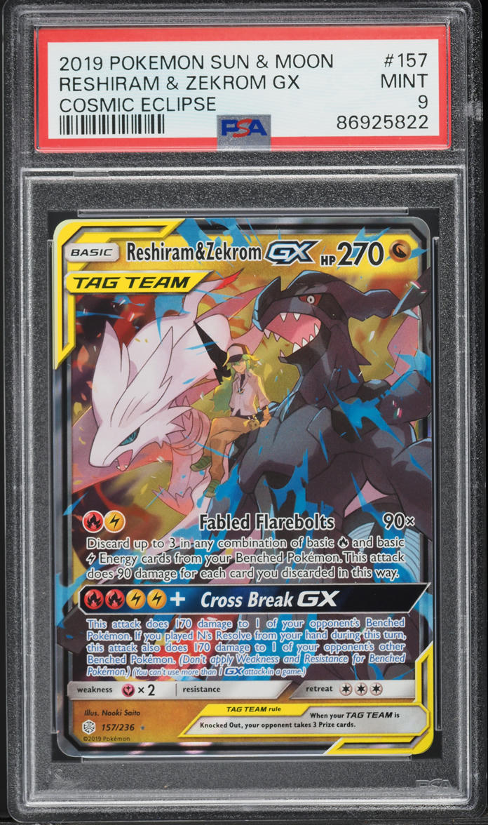 2019 Pokemon Sun & Moon Cosmic Eclipse Reshiram & Zekrom GX #157 PSA 9 MINT