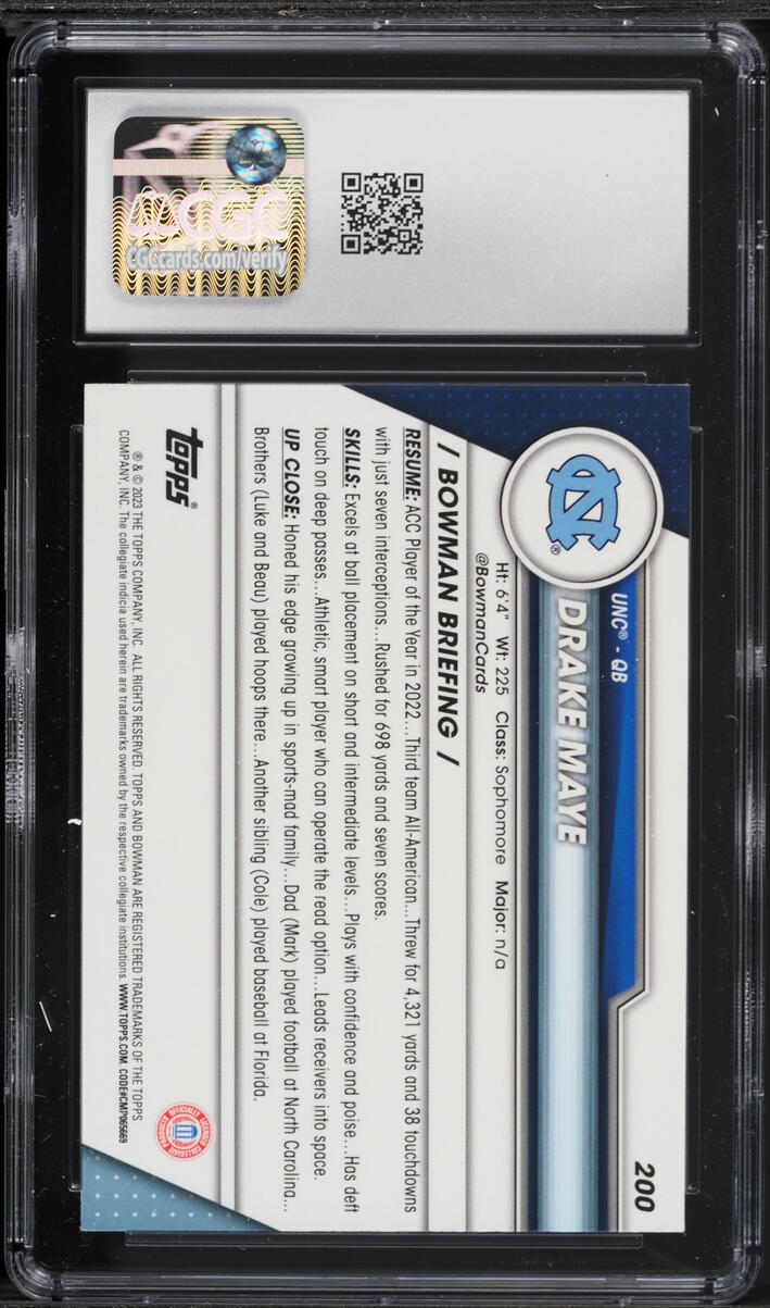 2023 Bowman Chrome University Pink Refractor Drake Maye ROOKIE #200 CGC 10 GEM MINT