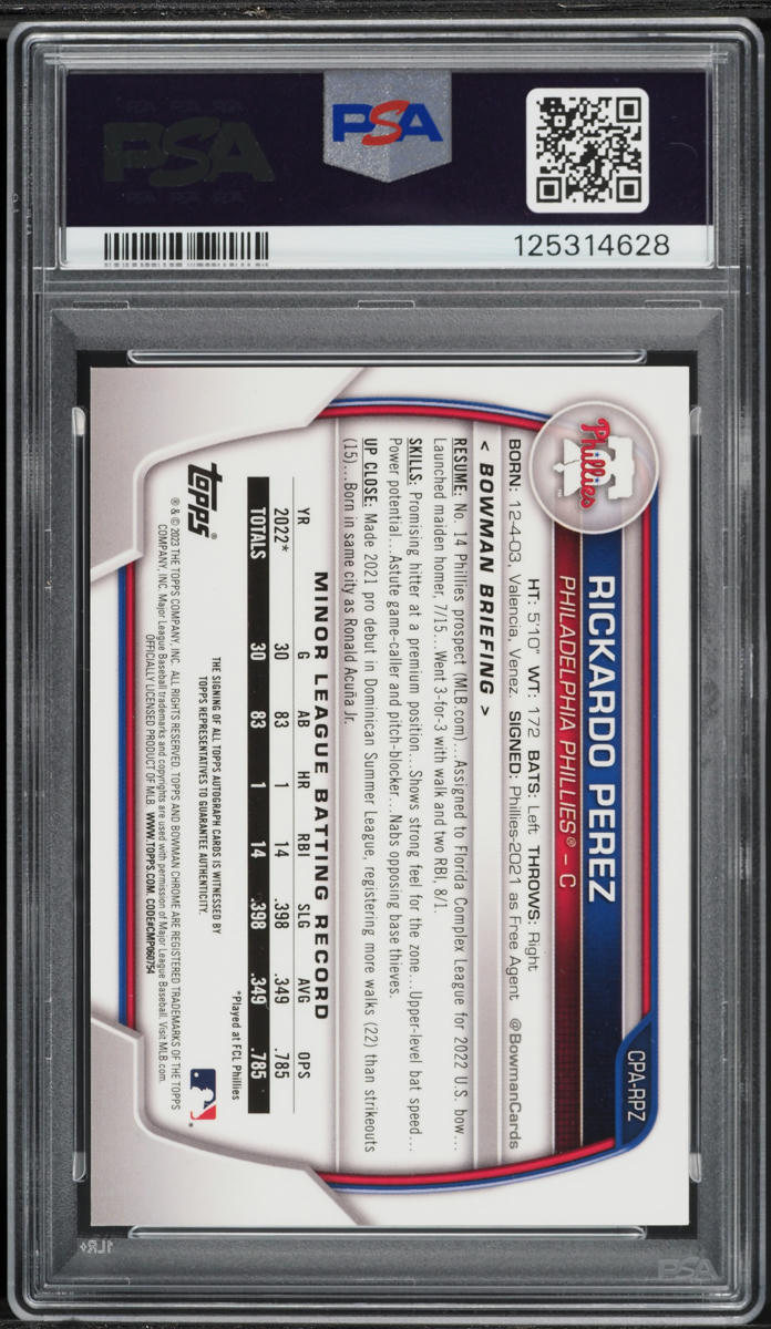 2023 Bowman Chrome Superfractor Rickardo Perez PROSPECT AUTO DNA 8 1/1 #CPARPZ PSA 9 MINT