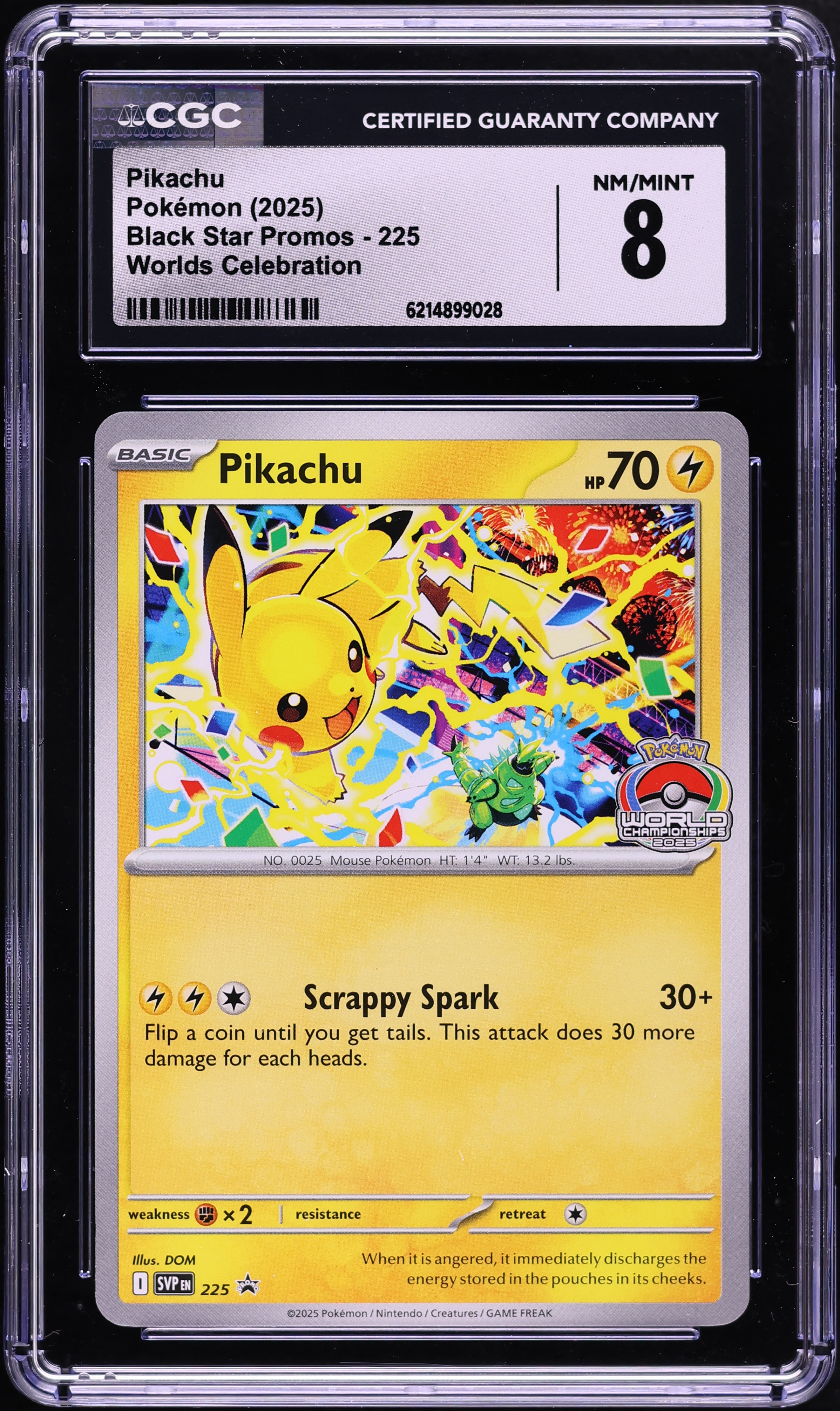 2025 Pokemon Scarlet & Violet Black Star Promo Worlds Celebration Pikachu #225 CGC 8 NM-MT