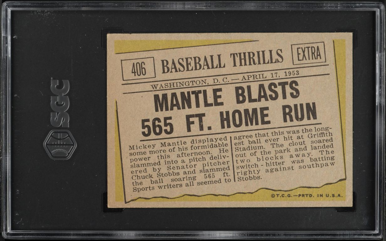 1961 Topps Mickey Mantle BLASTS 565 FT. HOME RUN #406 SGC 7 NRMT