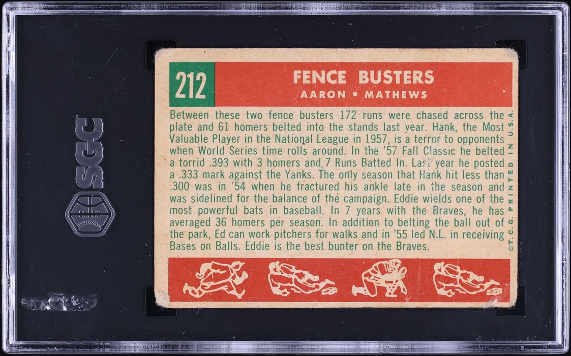 1959 Topps Hank Aaron & Eddie Mathews FENCE BUSTERS #212 SGC 1 PR